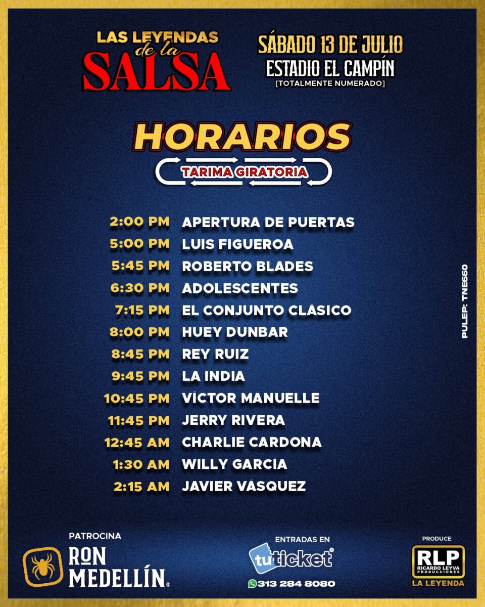 Prepárese para disfrutar de 'Las leyendas de la salsa' en El Campín 1 Prepárese para disfrutar de 'Las leyendas de la salsa' en El Campín Los artistas más grandes de la salsa están totalmente confirmados para este próximo sábado 13 de julio en el Estadio El Campín de Bogotá.