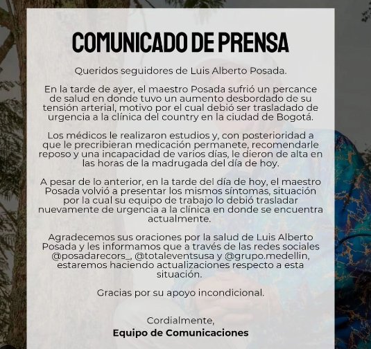 ¡Atención! Luis Alberto Posada fue hospitalizado de urgencia 1 ¡Atención! Luis Alberto Posada fue hospitalizado de urgencia El músico sufrió problemas con la tensión arterial.