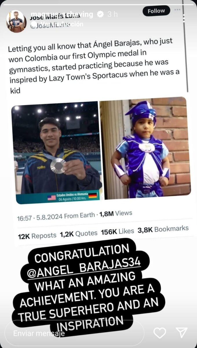 El conmovedor mensaje que le envió 'Sportacus' a Ángel Barajas tras su triunfo en los Olímpicos 1 El conmovedor mensaje que le envió 'Sportacus' a Ángel Barajas tras su triunfo en los Olímpicos El actor de 'Lazy Town' y primer referente de Ángel en la gimnasia, le envió un mensaje por medio de sus redes sociales.