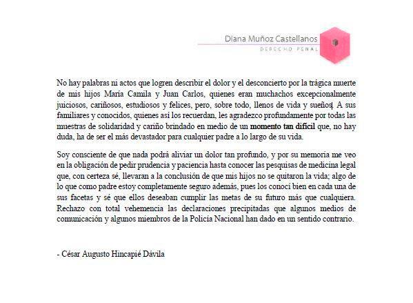 Padre de jóvenes envenenados asegura que sus hijos no se suicidaron: "Deseaban cumplir sus metas" 3 Padre de jóvenes envenenados asegura que sus hijos no se suicidaron: "Deseaban cumplir sus metas" César Augusto Hincapié Dávila aseguró que sus hijos no se quitaron la vida. Los hechos ocurrieron en el barrio La Isla de Medellín.