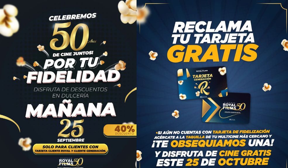 Royal Films celebra sus 50 años con descuentos increíbles y entradas gratuitas al cine 1 Royal Films celebra sus 50 años con descuentos increíbles y entradas gratuitas al cine Royal Films invita a todos los colombianos a unirse a esta gran celebración, donde el cine será el protagonista y el vehículo para compartir momentos inolvidables con amigos y familiares.