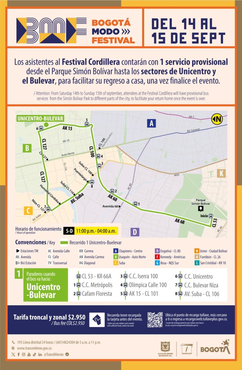 Pille las rutas adicionales que ofrece TransMilenio para los asistentes al Festival Cordillera 2 Pille las rutas adicionales que ofrece TransMilenio para los asistentes al Festival Cordillera TransMilenio S.A. se une a la celebración del Festival Cordillera, que reunirá lo mejor de los sonidos latinoamericanos en el Parque Metropolitano Simón Bolívar de Bogotá los próximos 14 y 15 de septiembre.