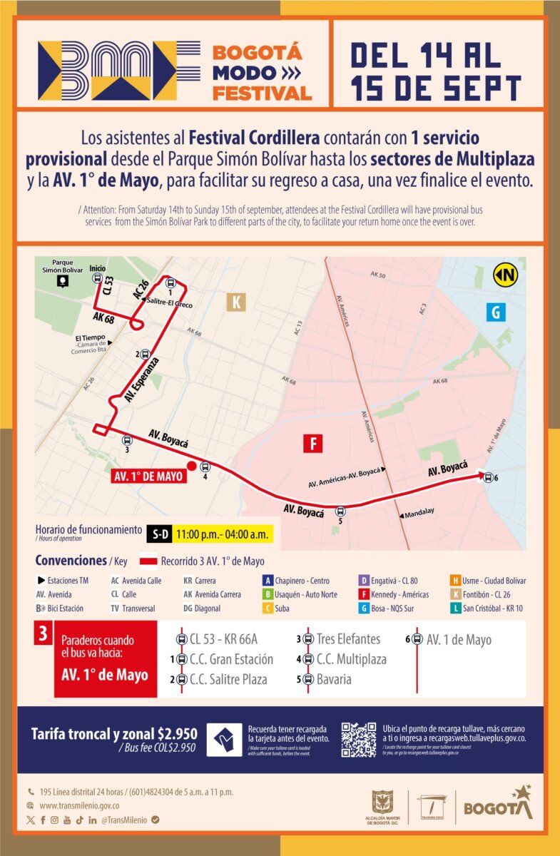 Pille las rutas adicionales que ofrece TransMilenio para los asistentes al Festival Cordillera 3 Pille las rutas adicionales que ofrece TransMilenio para los asistentes al Festival Cordillera TransMilenio S.A. se une a la celebración del Festival Cordillera, que reunirá lo mejor de los sonidos latinoamericanos en el Parque Metropolitano Simón Bolívar de Bogotá los próximos 14 y 15 de septiembre.