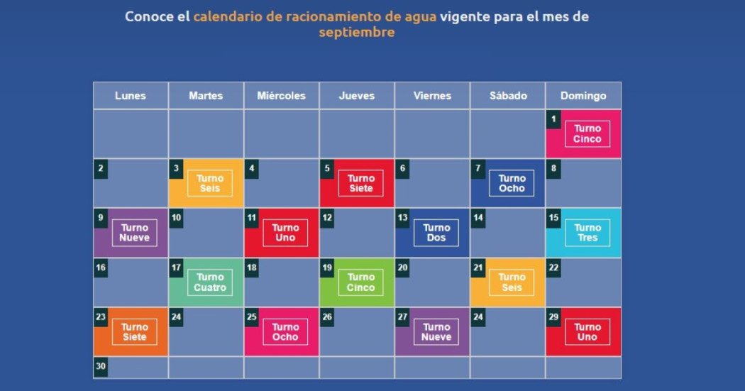 Vea el calendario de los cortes de agua para el mes de septiembre 1 Vea el calendario de los cortes de agua para el mes de septiembre La Alcaldía Mayor de Bogotá y la Empresa de Acueducto y Alcantarillado de Bogotá (EAAB) informan a la ciudadanía que se mantendrán las restricciones de racionamiento de agua potable en la ciudad y en once municipios aledaños que se abastecen del Sistema Chingaza durante todo el mes de septiembre.
