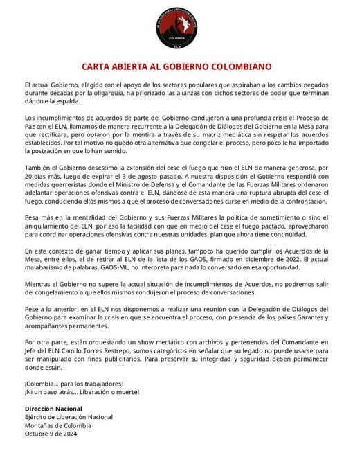 El Gobierno aceptó la propuesta del ELN de sentarse a dialogar 1 El Gobierno aceptó la propuesta del ELN de sentarse a dialogar La noche del miércoles, el Ejército de Liberación Nacional (ELN) comunicó su disposición a abordar las complicaciones e incumplimientos que se presentaron durante los diálogos de paz con el Gobierno Petro.