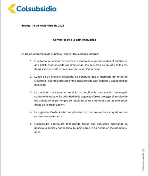Colsubsidio cerrará sus supermercados en Colombia, ¿por qué? 1 Colsubsidio cerrará sus supermercados en Colombia, ¿por qué? La Caja Colombina de Subsidio Familiar Colsubsidio informó que cerrará el servicio de supermercados al finalizar este año.