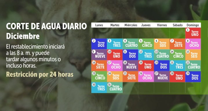 ¿Cómo quedaron los turnos de racionamiento de agua para el mes de diciembre? 1 ¿Cómo quedaron los turnos de racionamiento de agua para el mes de diciembre? Vea el calendario de los cortes de agua para el mes de diciembre en Bogotá y municipios aledaños.