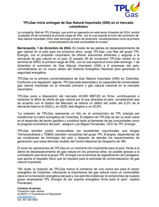 Colombia empieza a usar gas importado por déficit de hidrocarburos Colombia comenzó oficialmente a utilizar gas importado desde el 1 de diciembre de 2024, marcando un hito en la historia energética del país tras más de 45 años de autoabastecimiento.