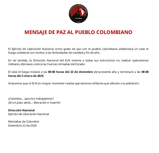 ELN anuncia cese al fuego durante temporada navideña 1 ELN anuncia cese al fuego durante temporada navideña El ELN anunció cese al fuego unilateral durante la época de Navidad y Fin de Año.