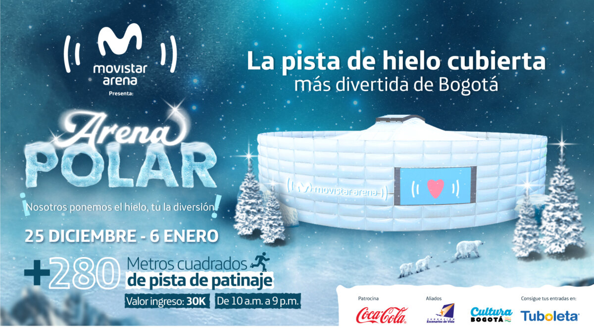 Llega al Movistar Arena la pista gigante de patinaje sobre hielo 'Arena Polar' 1 Llega al Movistar Arena la pista gigante de patinaje sobre hielo 'Arena Polar' Desde el 25 de diciembre, el Movistar Arena de Bogotá alberga "Arena Polar", una pista de hielo sostenible que combina entretenimiento y conciencia ambiental hasta el 6 de enero.