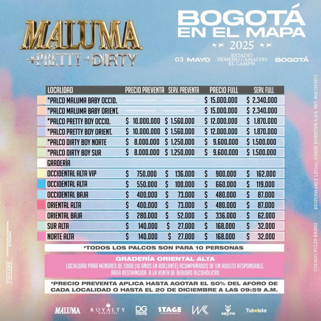 Maluma llega a Bogotá en 2025: Estos son los precios de la boletería 1 Maluma llega a Bogotá en 2025: Estos son los precios de la boletería Este evento llega apenas semanas después de confirmar su presentación en el estadio Atanasio Girardot de Medellín el 27 de abril, donde las entradas ya están agotadas.