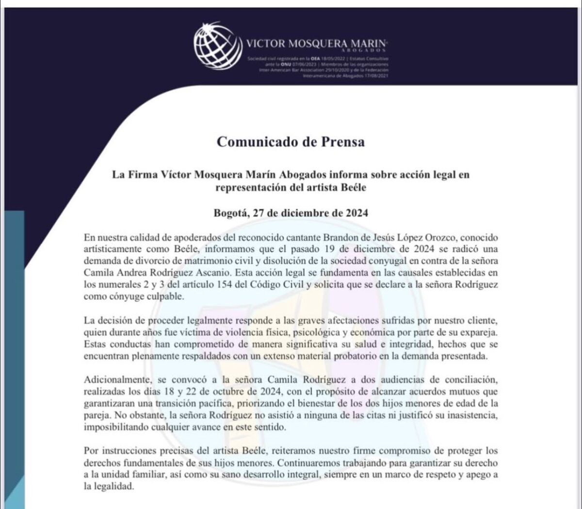 Beéle acusa a Camila Rodríguez de violencia: esto dice la demanda Según los abogados de Beéle, el artista habría sido víctima de maltratos que afectaron gravemente su salud e integridad.