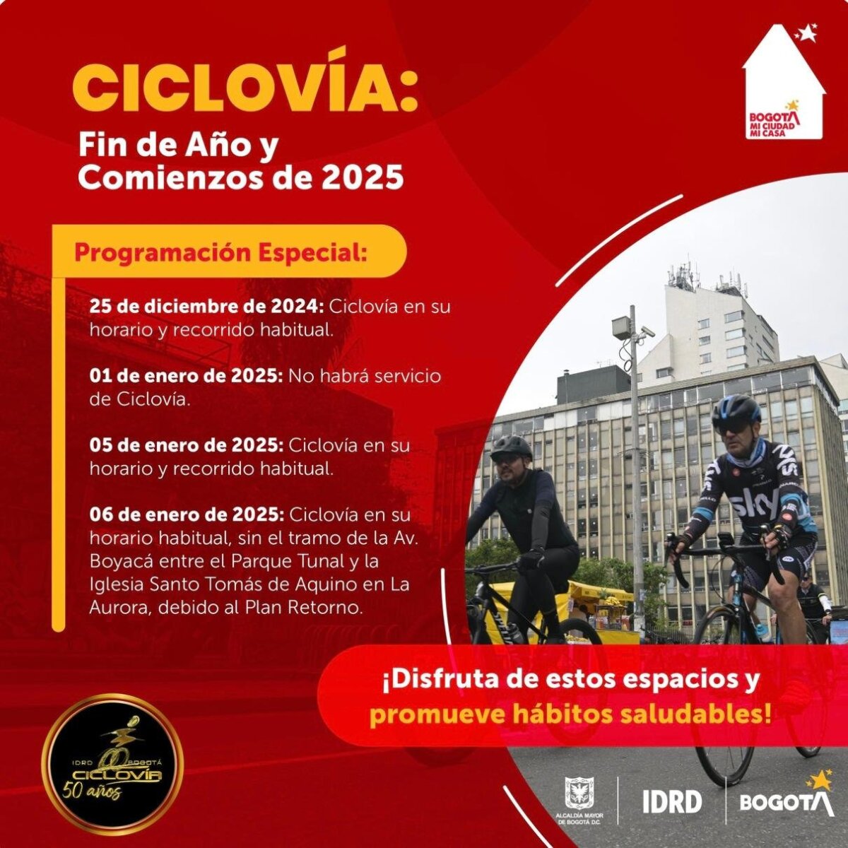 ¡Ojo! Este miércoles 1 de enero no habrá ciclovía La ciclovía vuelve a su horario habitual a partir del 5 de enero.