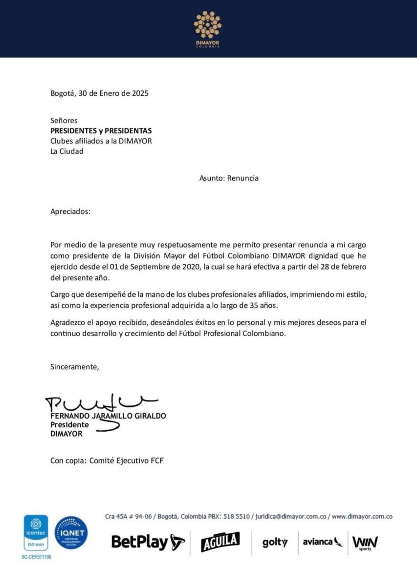 Atención: presidente de la Dimayor renunció a su cargo 1 Atención: presidente de la Dimayor renunció a su cargo Fernando Jaramillo, presidente de la Dimayor, presentó su carta de renuncia. Estará en su cargo hasta el 28 de febrero.