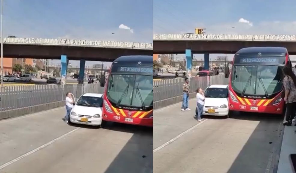 EN VIDEO: Mujer que manejaba en el carril exclusivo de TransMilenio se estrelló con un bus y le reclamó al conductor Tras el choque, la mujer bajó de su vehículo para reclamarle al conductor del bus.