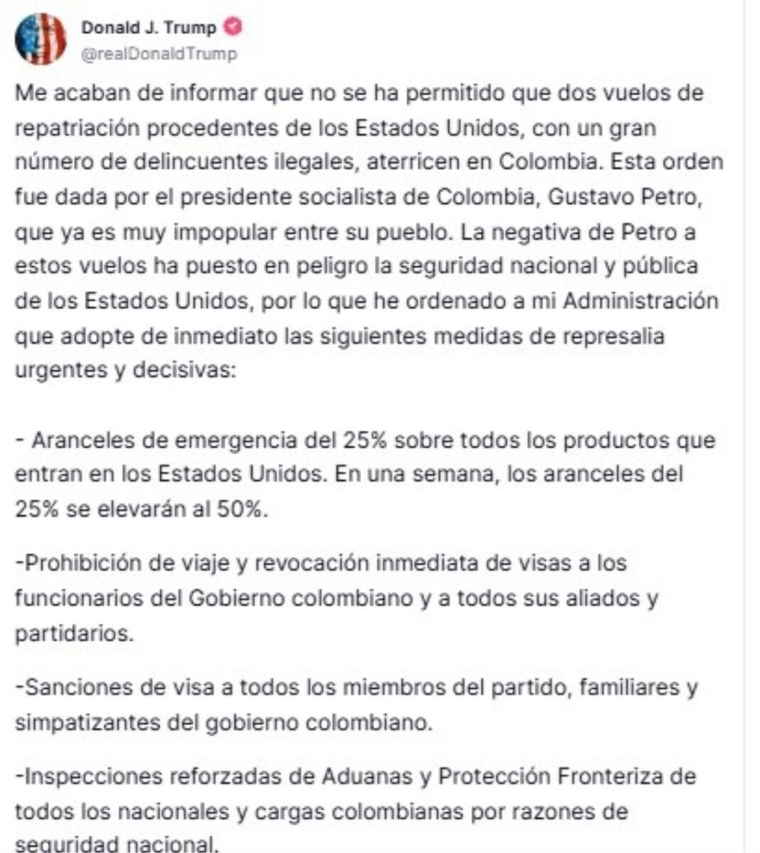 Trump anuncia sanciones contra Colombia por haber rechazado vuelos militares con migrantes El presidente Donald Trump anunció severas medidas contra Colombia, tras la negativa de permitir el aterrizaje de dos vuelos de repatriación provenientes de EE.UU..