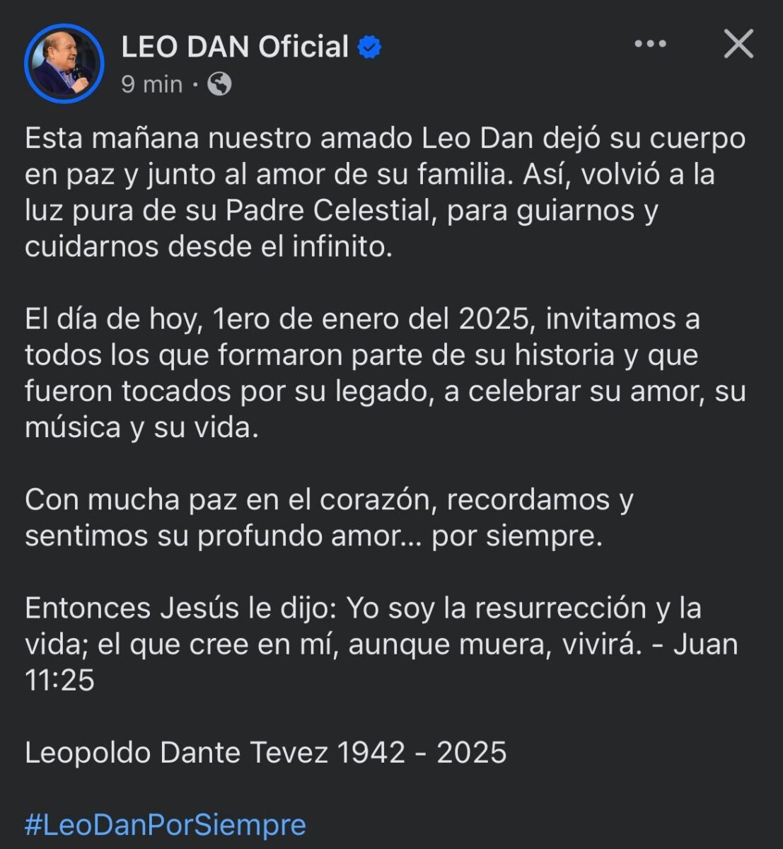 Murió el cantante y compositor Leo Dan a los 82 años La noticia fue confirmada a través de las redes sociales del artista.