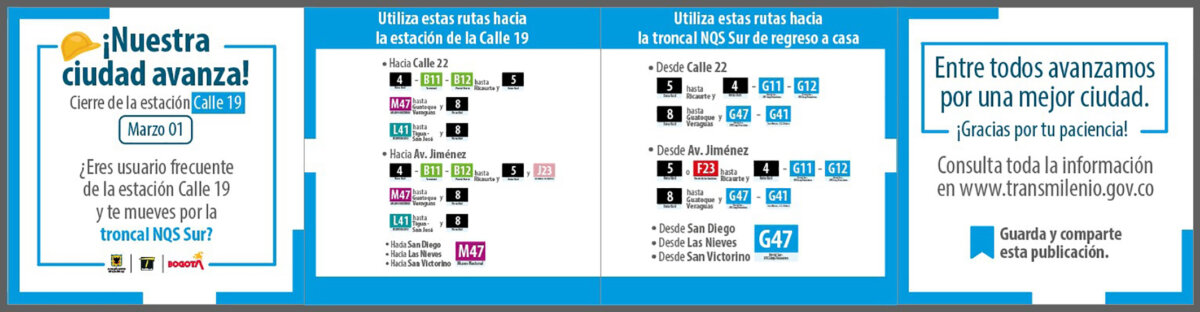 Prepárese: habrá cierre en la estación Calle 19 de TransMilenio por la construcción del Metro 4 Prepárese: habrá cierre en la estación Calle 19 de TransMilenio por la construcción del Metro A partir del 8 de marzo dejará de funcionar la estación Calle 19 de TransMilenio. Le contamos las rutas alternativas que ofrece el sistema y las aplicaciones que puede usar para que pueda planear su viaje.