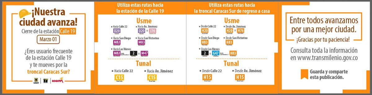 Prepárese: habrá cierre en la estación Calle 19 de TransMilenio por la construcción del Metro 6 Prepárese: habrá cierre en la estación Calle 19 de TransMilenio por la construcción del Metro A partir del 8 de marzo dejará de funcionar la estación Calle 19 de TransMilenio. Le contamos las rutas alternativas que ofrece el sistema y las aplicaciones que puede usar para que pueda planear su viaje.