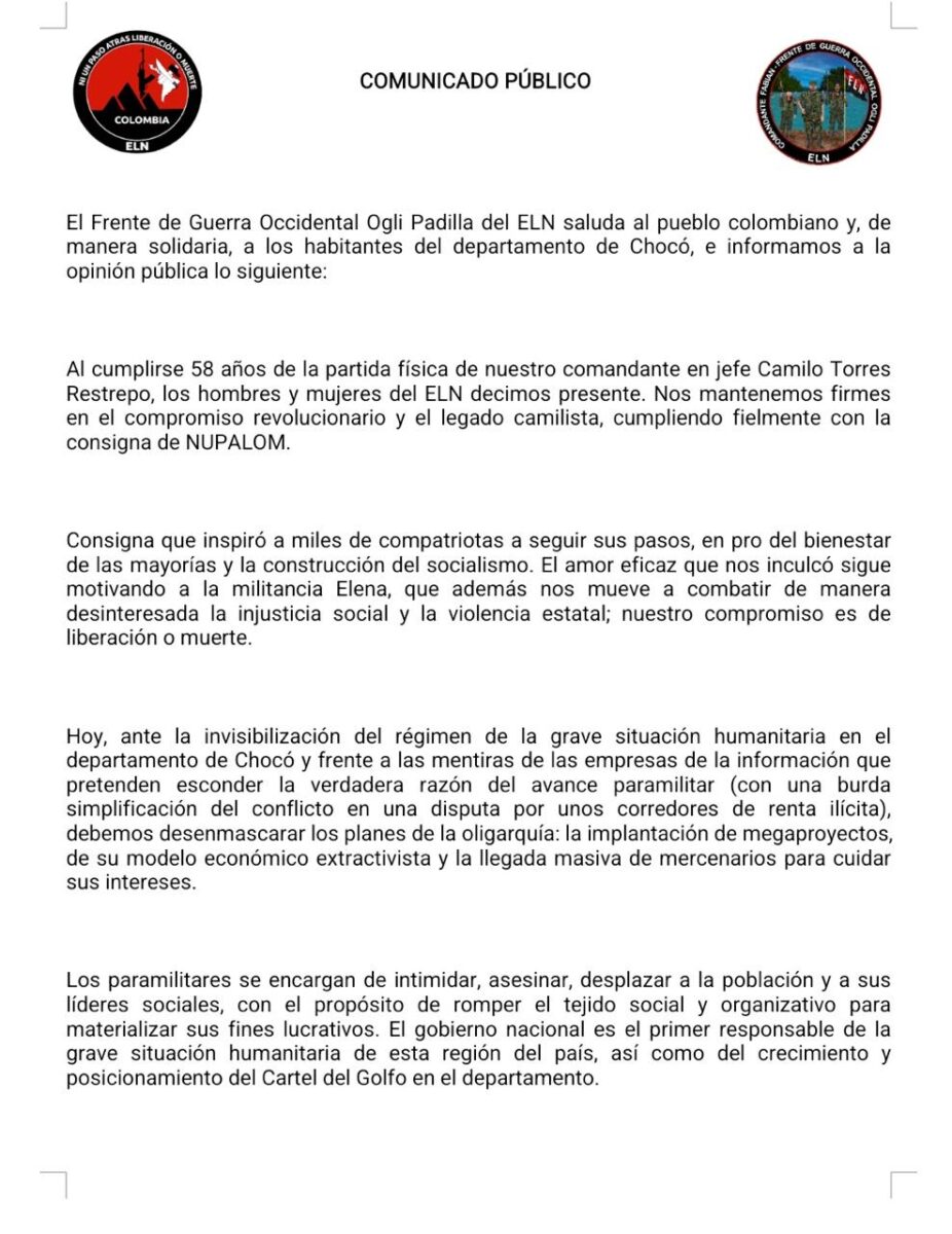 ELN anunció paro armado de 72 horas en el Chocó: inicia el 18 de febrero El ELN anunció un paro armado en el departamento del Chocó. Esto dice el comunicado.