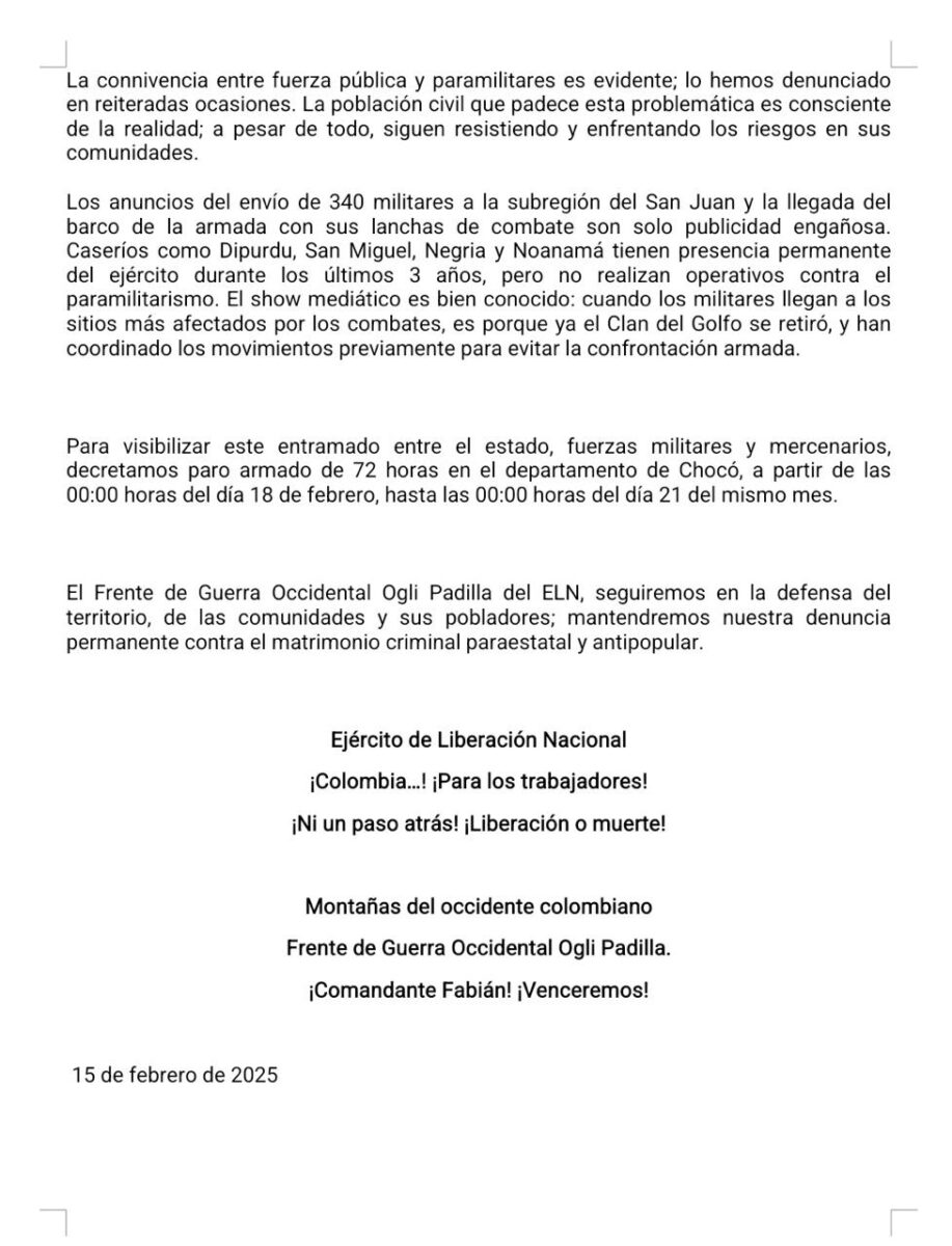 ELN anunció paro armado de 72 horas en el Chocó: inicia el 18 de febrero El ELN anunció un paro armado en el departamento del Chocó. Esto dice el comunicado.