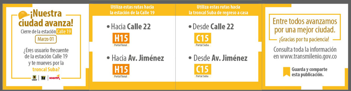 Prepárese: habrá cierre en la estación Calle 19 de TransMilenio por la construcción del Metro 5 Prepárese: habrá cierre en la estación Calle 19 de TransMilenio por la construcción del Metro A partir del 8 de marzo dejará de funcionar la estación Calle 19 de TransMilenio. Le contamos las rutas alternativas que ofrece el sistema y las aplicaciones que puede usar para que pueda planear su viaje.