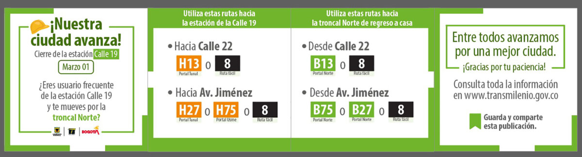 Prepárese: habrá cierre en la estación Calle 19 de TransMilenio por la construcción del Metro 2 Prepárese: habrá cierre en la estación Calle 19 de TransMilenio por la construcción del Metro A partir del 8 de marzo dejará de funcionar la estación Calle 19 de TransMilenio. Le contamos las rutas alternativas que ofrece el sistema y las aplicaciones que puede usar para que pueda planear su viaje.