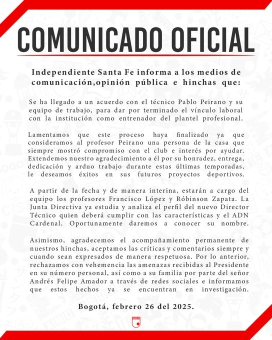 Peirano paga caro su eliminación en Copa Libertadores: se va de Santa Fe A través de un comunicado, Santa Fe confirmó la salida de Pablo Peirano, tras su eliminación en Copa Libertadores. Suenan nombres para su reemplazo.