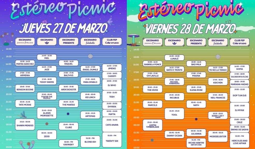 Días y horarios de los artistas para el FEP 2025 En pocas semanas se realizará una nueva edición del Festival Estéreo Picnic, que por segundo año consecutivo tendrá como sede el Parque Metropolitano Simón Bolívar de Bogotá, y ya se dieron a conocer los horarios oficiales de cada una de sus cuatro jornadas y sus distintos escenarios.