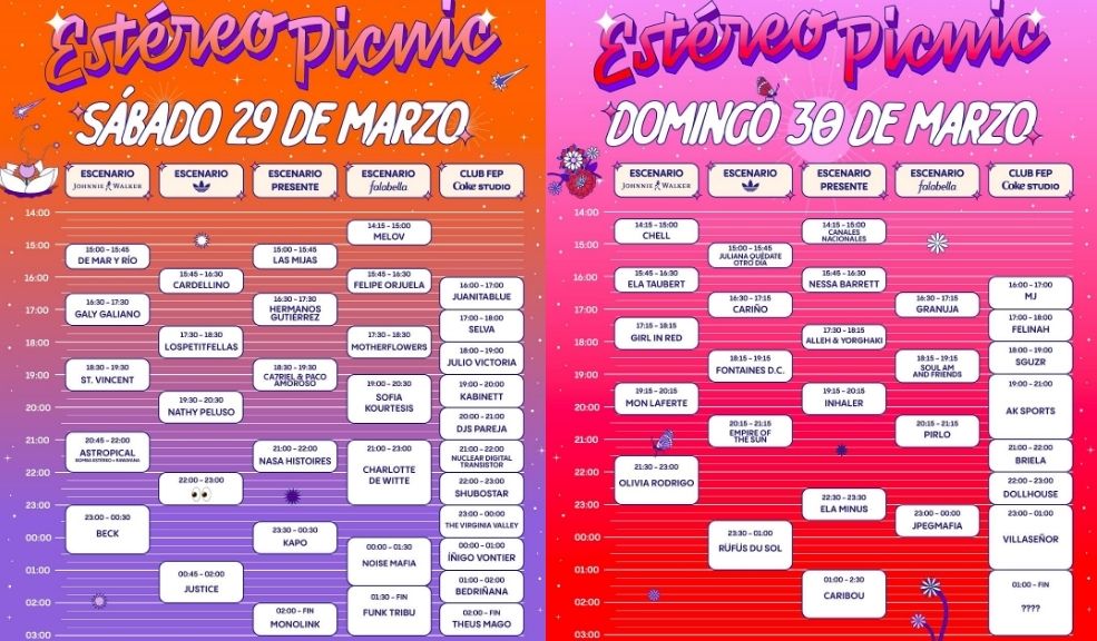Días y horarios de los artistas para el FEP 2025 En pocas semanas se realizará una nueva edición del Festival Estéreo Picnic, que por segundo año consecutivo tendrá como sede el Parque Metropolitano Simón Bolívar de Bogotá, y ya se dieron a conocer los horarios oficiales de cada una de sus cuatro jornadas y sus distintos escenarios.