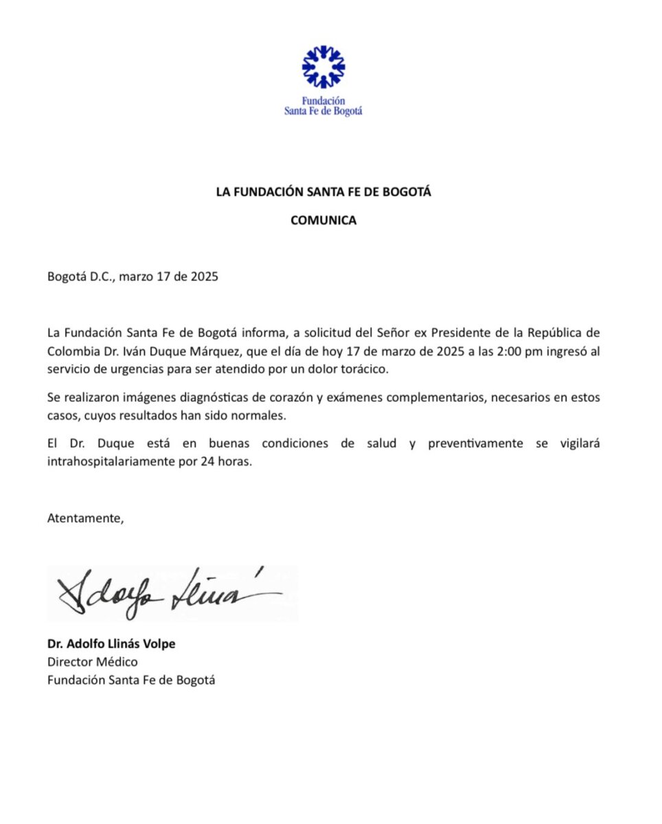 Atención: Iván Duque, expresidente de Colombia, fue hospitalizado de urgencia Esta tarde, en la Fundación Santa Fe de Bogotá, al norte de esa ciudad, fue hospitalizado el exmandatario Iván Duque. Este es el parte médico de la entidad.