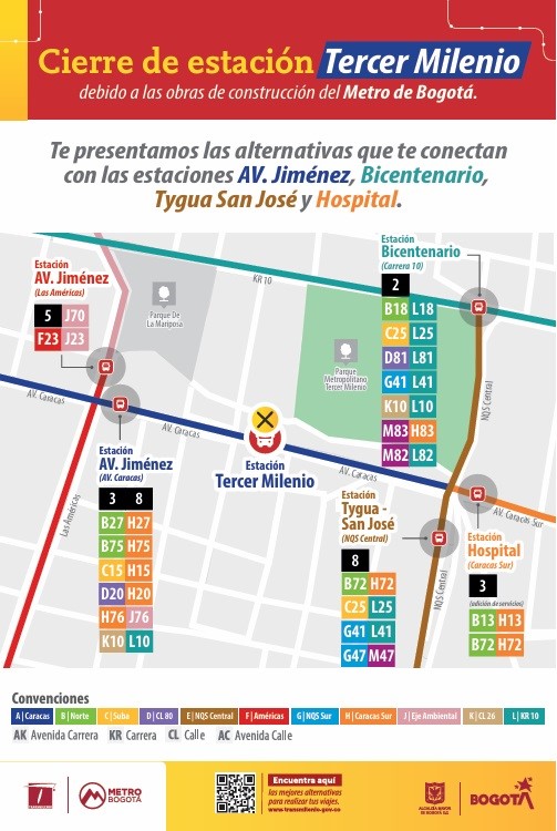 Anuncian cierre temporal de estación de Transmilenio Tercer Milenio por obras del Metro