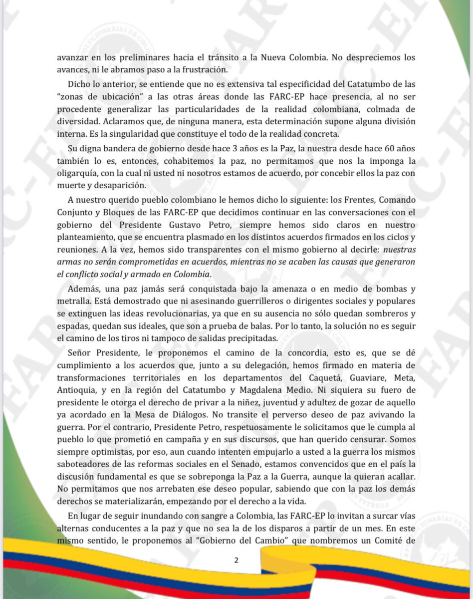Disidencias de 'Calarcá' le respondieron a Petro y rechazan las zonas de ubicación 3 Disidencias de 'Calarcá' le respondieron a Petro y rechazan las zonas de ubicación En el documento, las disidencias señalaron que lo que plantea el Gobierno es una “ruptura” de los compromisos iniciales.