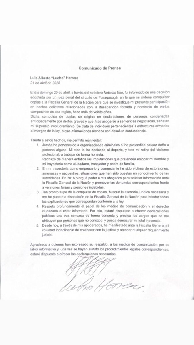 "Jamás he pertenecido a organizaciones criminales": Lucho Herrera 1 "Jamás he pertenecido a organizaciones criminales": Lucho Herrera