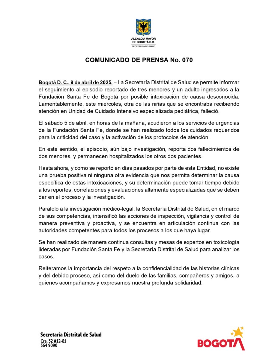 Atención: falleció otra de las menores que, al parecer, se intoxicaron este fin de semana, en Bogotá 1 Atención: falleció otra de las menores que, al parecer, se intoxicaron este fin de semana, en Bogotá Tras cuatro días de hospitalización en la Unidad de Cuidado Intensivo de la Fundación Santa Fe, otra de las menores que, al parecer, resultaron intoxicadas, falleció. Esto es lo que se sabe del caso.