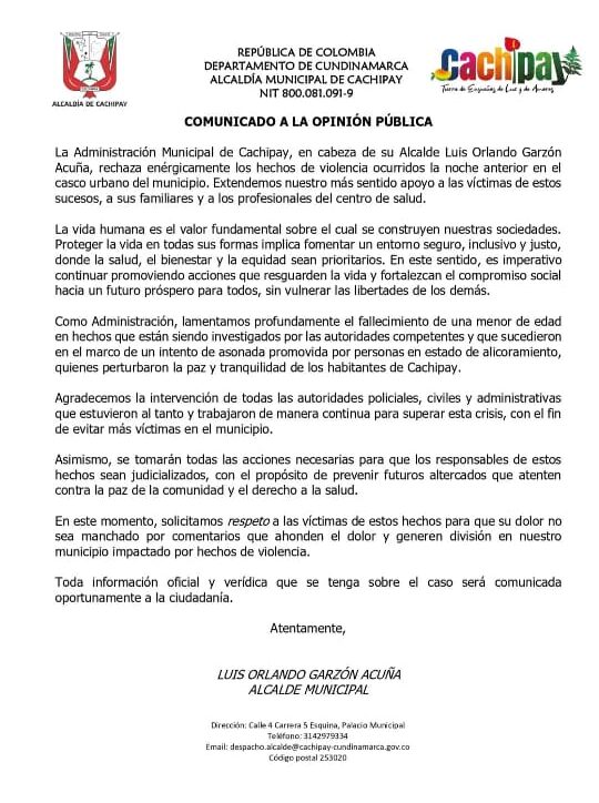 Impusieron toque de queda en Cachipay tras muerte de una niña en medio de balacera Ante la trágica muerte de la menor, las autoridades municipales se han pronunciado al respecto, rechazando profundamente la situación y enviaron sus condolencias a los familiares de la menor.