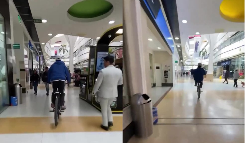 Jóvenes se metieron a hacer acrobacias en bicicleta en un centro comercial 8 Jóvenes se metieron a hacer acrobacias en bicicleta en un centro comercial En otra grabación, tomada desde el segundo piso, se ve el momento exacto en que uno de los jóvenes es alcanzado por un guarda y cae al piso tras ser aprehendido.