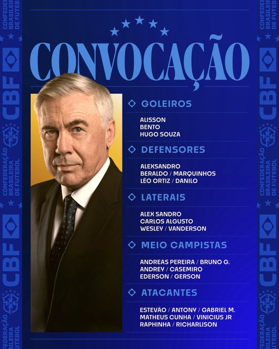 Ancelotti fue presentado en Brasil: definió su primera convocatoria para la eliminatoria El italiano Carlo Ancelotti fue presentado como nuevo técnico de la Selección de Brasil. El estratega, además, definió su primera convocatoria para enfrentar a Ecuador y Paraguay por las eliminatorias.