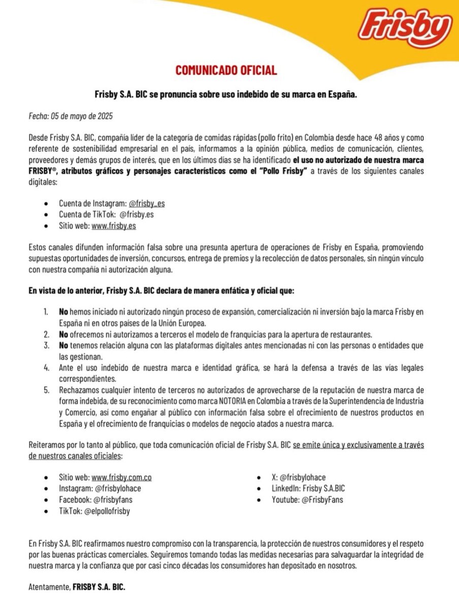 ¿Por qué Frisby está en una disputa legal en Europa y otras marcas reconocidas se unieron para apoyarla? 1 ¿Por qué Frisby está en una disputa legal en Europa y otras marcas reconocidas se unieron para apoyarla? La cadena colombiana de restaurantes Frisby enfrenta una disputa legal en Europa tras perder la exclusividad de su marca en ese continente.