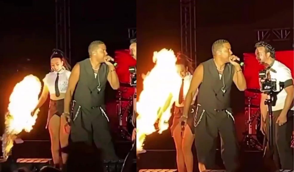 Bailarina de Los Ilegales fue alcanzada por un lanzallamas en pleno concierto En las imágenes se ve a Pamela caminando en el escenario cuando, de repente, el fuego sale disparado desde el suelo y le da directamente en la cara.