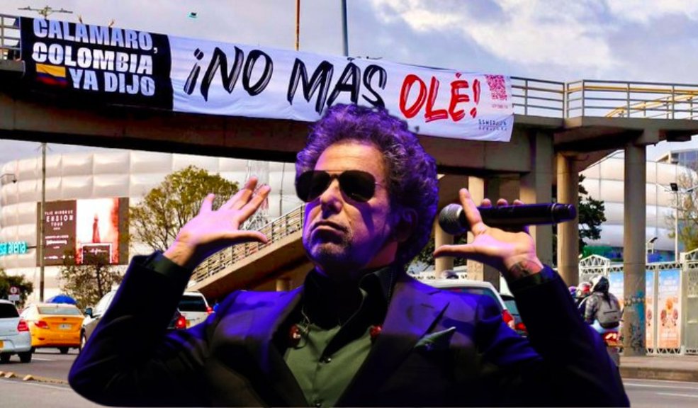 "¡Mo más olé!": así recibieron a Andrés Calamaro en Bogotá Una pancarta apareció colgada en uno de los puentes peatonales a las afueras del Movistar Arena con un mensaje claro contra el artista.