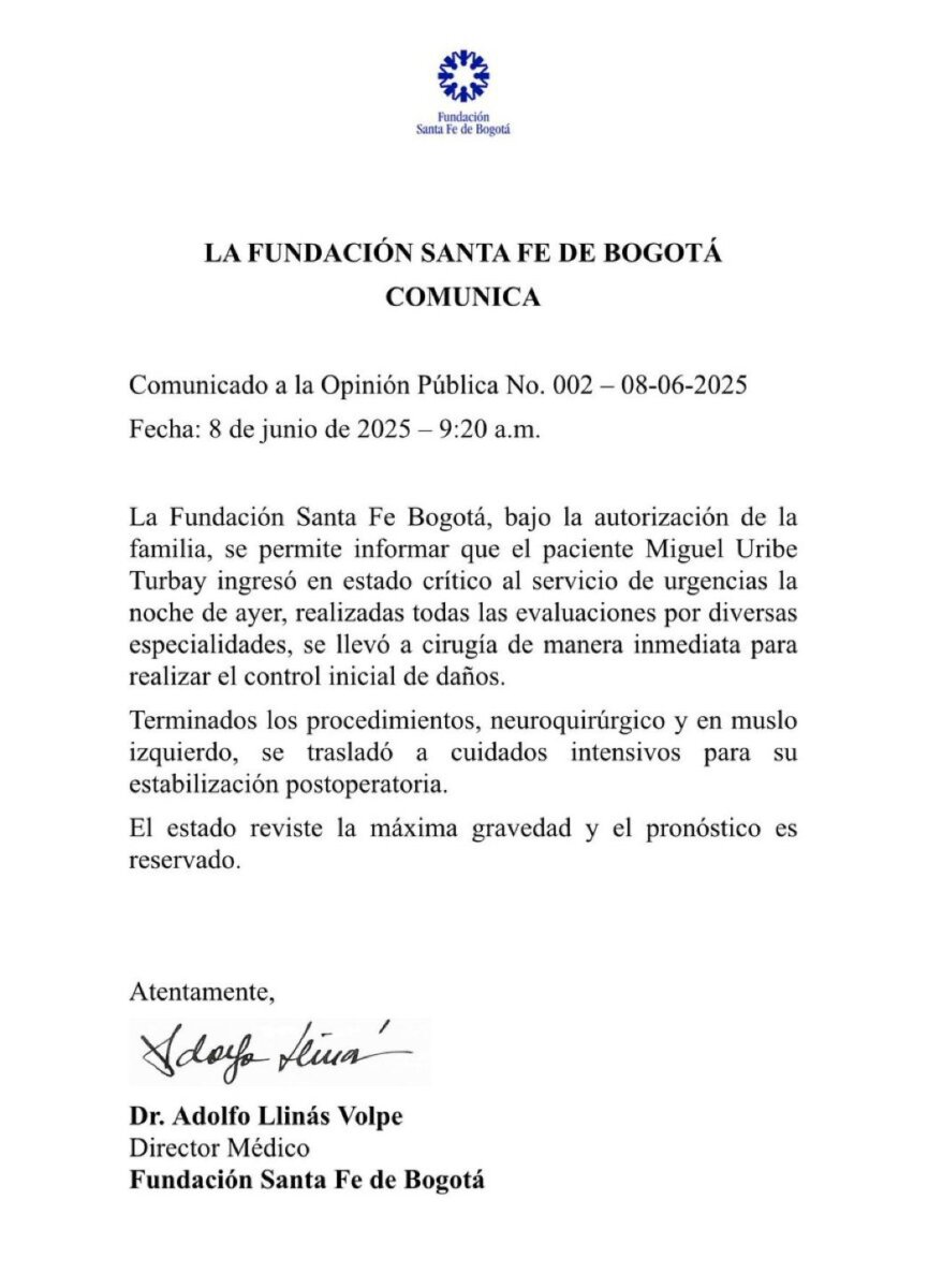 Miguel Uribe salió de cirugía pero su estado sigue siendo delicado: próximas horas serán definitivas 2 Miguel Uribe salió de cirugía pero su estado sigue siendo delicado: próximas horas serán definitivas El precandidato presidencial Miguel Uribe Turbay fue víctima de un atentado en el barrio Modelia, en Fontibón. Recibió varios impactos de bala y, según la Clínica Santa Fe, se encuentra en estado crítico.