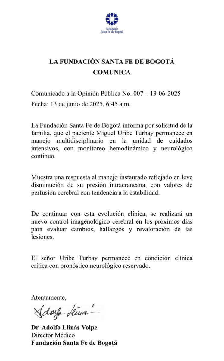 Nuevo reporte médico muestra evolución positiva de Miguel Uribe Turbay Según el último reporte médico de la Fundación Santa Fe, Miguel Uribe Turbay permanece en cuidados intensivos y presenta una evolución clínica favorable.