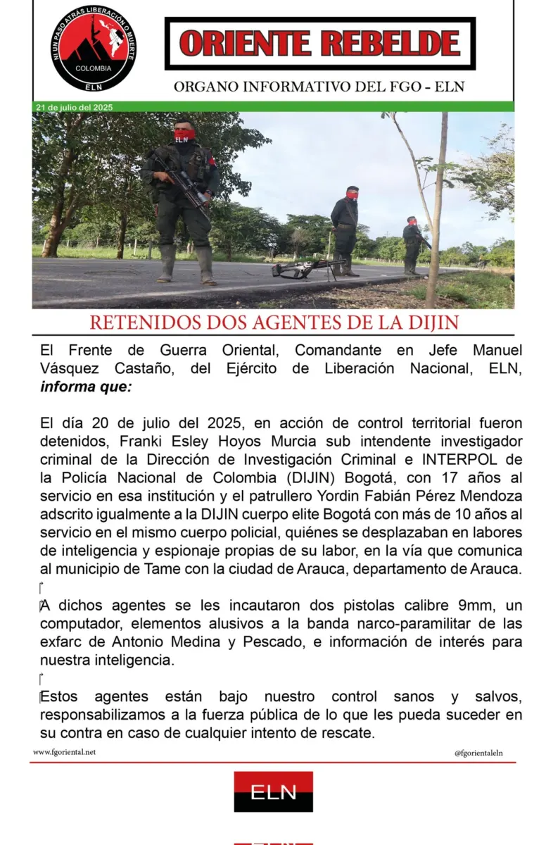 ELN secuestró a dos policías de Bogotá: sus familias claman la liberación La guerrilla del ELN confirmó el secuestro del subintendente Franke Esley Hoyos Murcia y el patrullero Fabián Pérez Mendoza. El hecho ocurrió en Tame (Arauca). Q'HUBO habló con las familias y conoció su drama.
