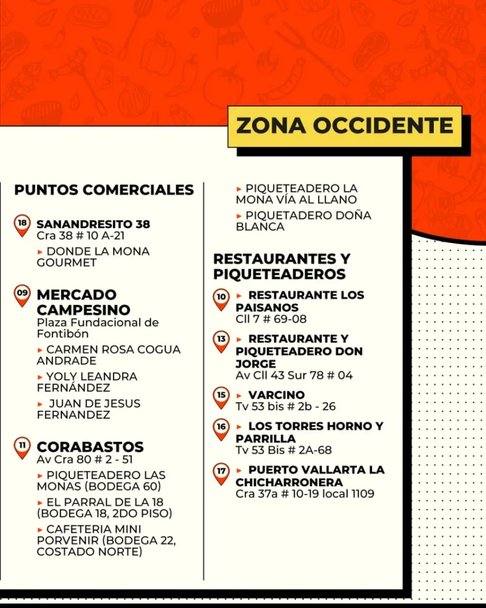 Bogotá celebra el sabor tradicional con el Fritanga Fest 2025 5 Bogotá celebra el sabor tradicional con el Fritanga Fest 2025 También se suman 18 piqueteaderos y restaurantes tradicionales, 3 emprendimientos rurales de Mercados Campesinos y 2 puntos comerciales administrados por el IPES.
