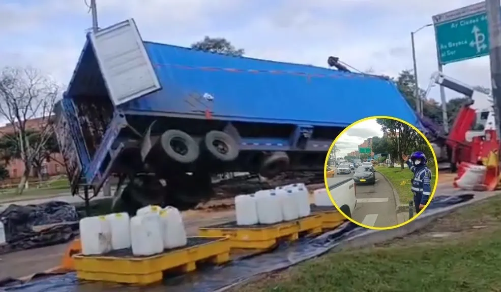 Continúan labores de limpieza tras derrame químico en Fontibón. Persisten los problemas de movilidad Tras el volcamiento de una tractomula que transportaba sustancias químicas en la calle 70 con avenida La Esperanza, en Fontibón, persiste el cierre temporal de la vía y los desvíos.