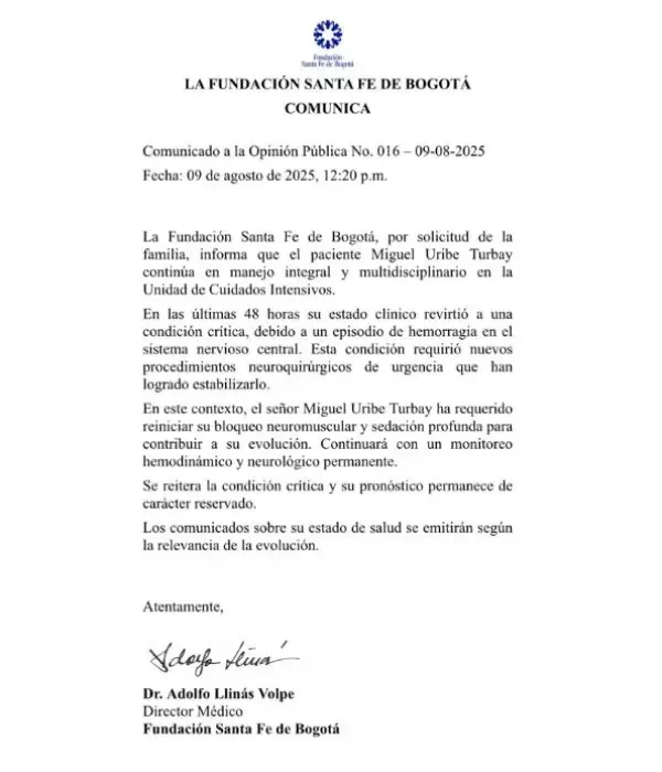 Atención: senador Miguel Uribe está en estado crítico. Este es el reporte 2 Atención: senador Miguel Uribe está en estado crítico. Este es el reporte La salud de Miguel Uribe Turbay revirtió a estado crítico tras una hemorragia en el sistema nervioso central. La Fundación Santa Fe confirmó que fue sometido a cirugía de urgencia y ahora requiere sedación profunda, bloqueo neuromuscular y monitoreo permanente.