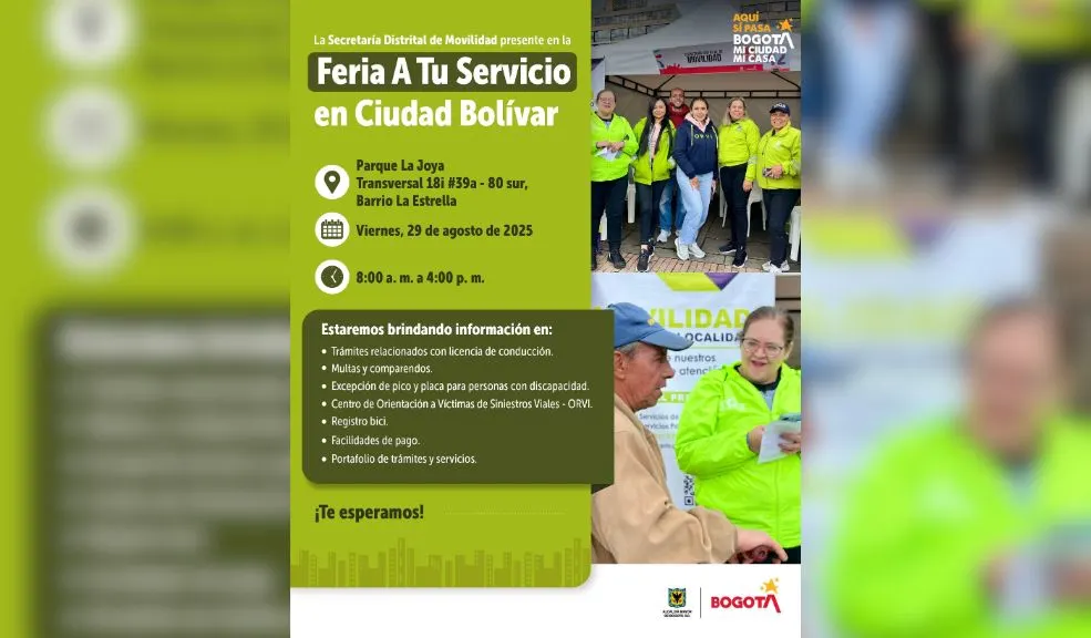 Ciudad Bolívar: ¡Póngase las pilas y asista a la 'Feria A tu Servicio'! En esta ocasión, la 'Feria A Tu Servicio' llega a la localidad de Ciudad Bolívar, ofreciendo servicios relacionados con salud, educación, empleo, justicia, bienestar social, protección animal, entre otros.