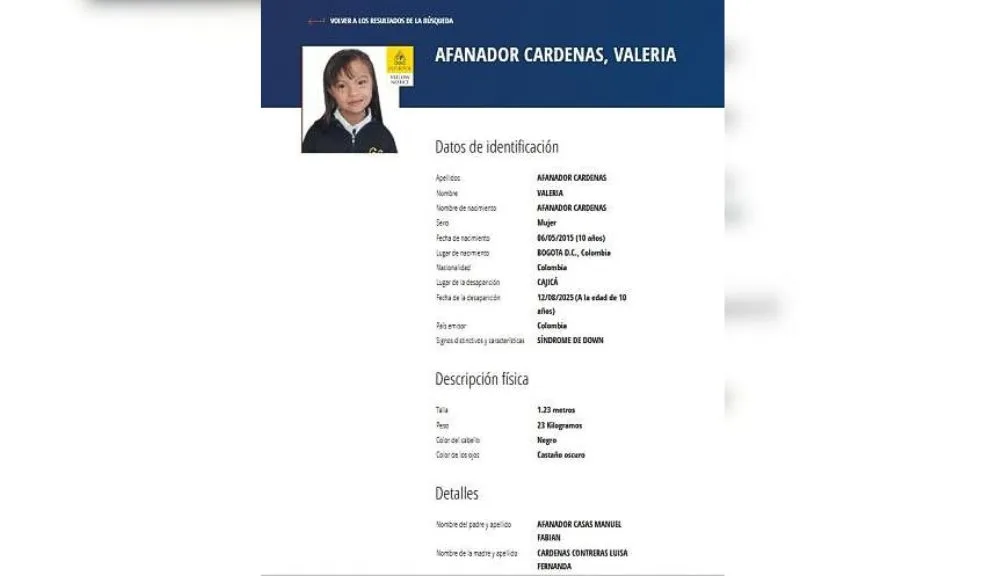 ¿La sacaron del país? INTERPOL emite circular amarilla en la búsqueda de Valeria Afanador 2 ¿La sacaron del país? INTERPOL emite circular amarilla en la búsqueda de Valeria Afanador Han pasado siete días desde la desaparición de Valeria Afanador, una menor de 10 años con síndrome de Down en Cajicá, y su búsqueda se ha extendido a nivel mundial. Las autoridades, que aún no descartan ninguna hipótesis, emitieron una circular amarilla de la INTERPOL para localizar a la niña.