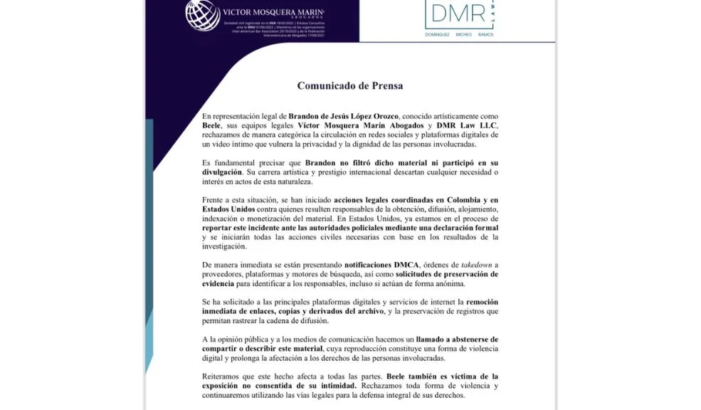 Abogados de Beéle responden por video íntimo filtrado Tras la difusión masiva del video íntimo en el que aparecen el cantante Beéle y la influencer Isabella Ladera, los abogados del barranquillero salieron en su defensa: “También es víctima de la exposición no consentida de su intimidad”.